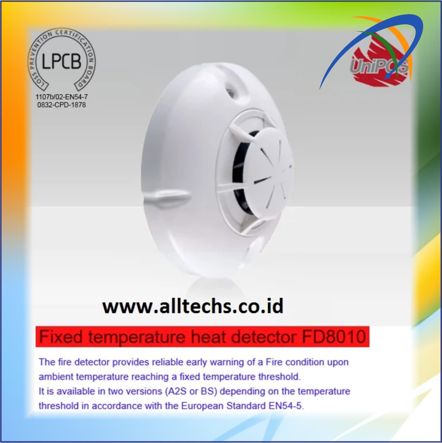 Fire Alarm-UniPos-Conventional-Fix Heat Detector-FD8010 Incl.with Base